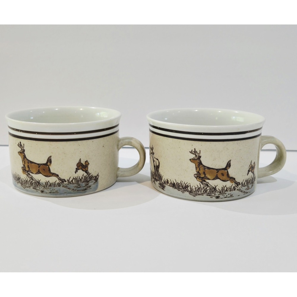 2 Vintage Otagiri Deer Buck Doe Fawn Meadow Stoneware Coffee Soup Cappuccino Mug